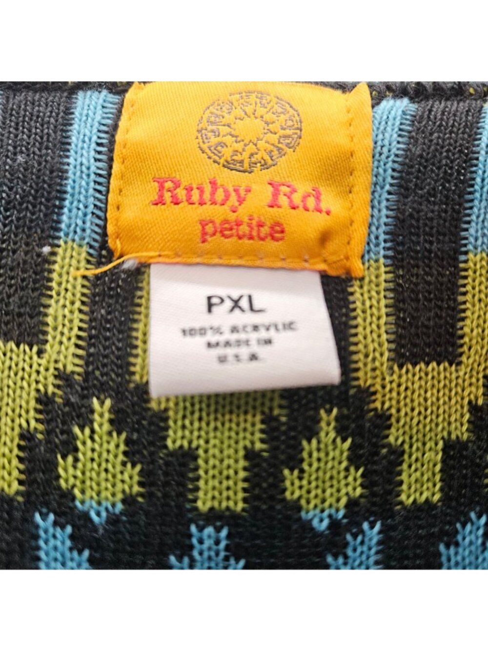 Ruby Rd. Petite Womens PXL Open Cardigan Sweater With Bold Geometric green blue - Picture 2 of 5